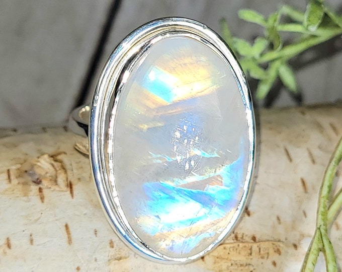 Moonstone Ring, Rainbow Moonstone Sterling Silver Ring, Premium Grade Moonstone Ring, Size 8.5 Statement Ring, Handmade Ring, GS
