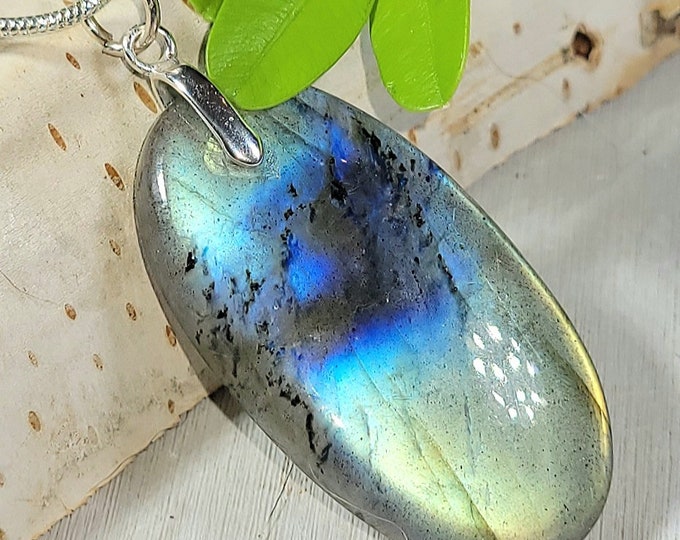 Natural Top Choice Multi Flash Labradorite Oval Cabochon  .925 Sterling Silver Pendant 1 3/4" x 3/4" EH25
