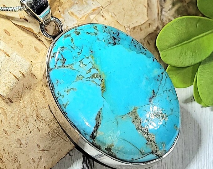 Natural Best Grade Arizona Kingman Turquoise Handmade .925 Sterling Silver Pendant Measures 1 7/8" x 1" 11 Grams AH20