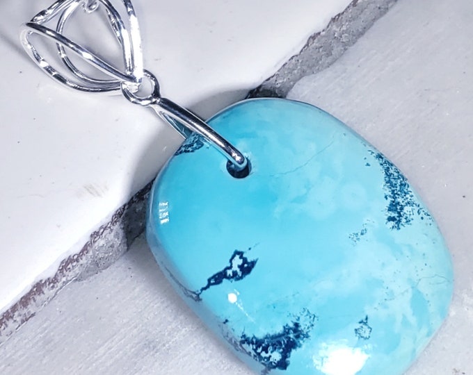 Natural AA Turquoise Color Chrysocolla Cabochon .925 Sterling Silver Pendant 2 1/8" x 1" EA2(04) Sterling Silver Designer Heavy Duty Bail