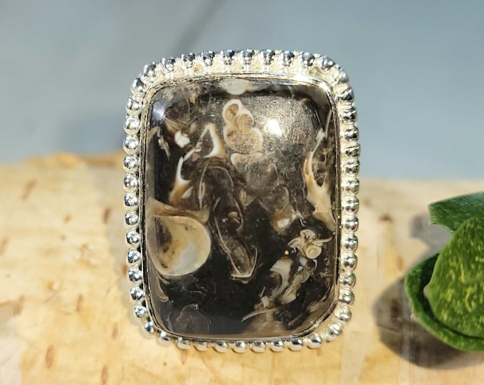 Natural High Quality Large Turritella Agate Rectangle Handmade .925 Sterling Silver Ring Size 7.5 Genuine Turritella Jasper Gift for Her