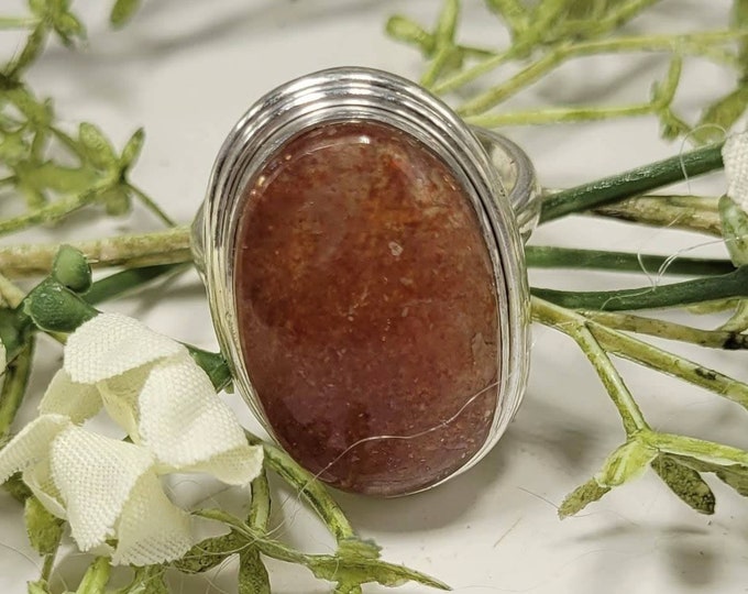 Natural Handmade Oval AAA Sunstone Sterling Silver Ring Size 7.5 Genuine Stone Boho CZ