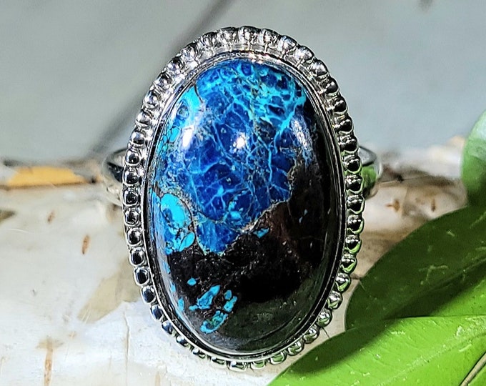 Natural Top Grade Azurite .925 Sterling Silver Ring Size 7 8 Grams 15/16" x 5/8" EU18
