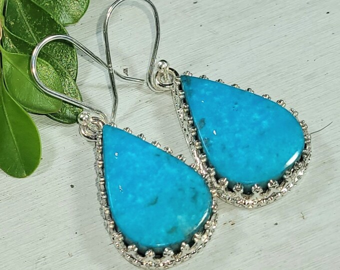 Natural Premium Grade Arizona Kingman Turquoise Handmade .925 Crown Prong Sterling Silver Earrings 8 Grams 1 5/8" x 11/16" CE24