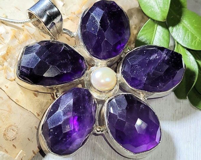 Natural Tumble Stones Amethyst & Pearl Flower .925 Sterling Silver Pendant measures 2 1/4" x 1 7/8" 32 Grams J03
