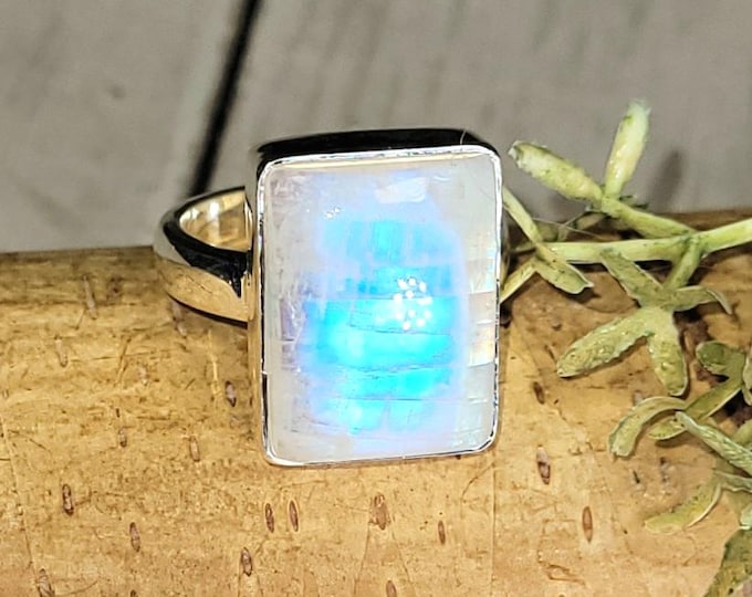 Rainbow Moonstone Sterling Silver Ring - Handmade Statement Jewelry, Size 5.25