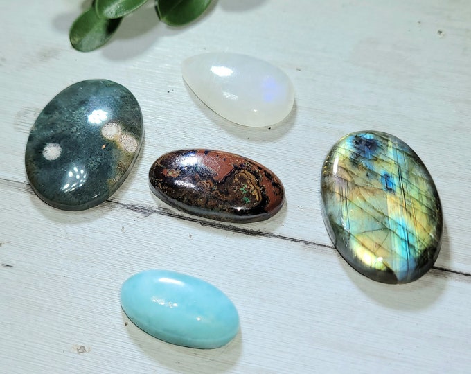 Natural Labradorite, Ocean Jasper, Moonstone, Zarinite & Larimar 95ct Cabochons Mixed Lot 5 Stone Wire Wrap, Weaving ML10