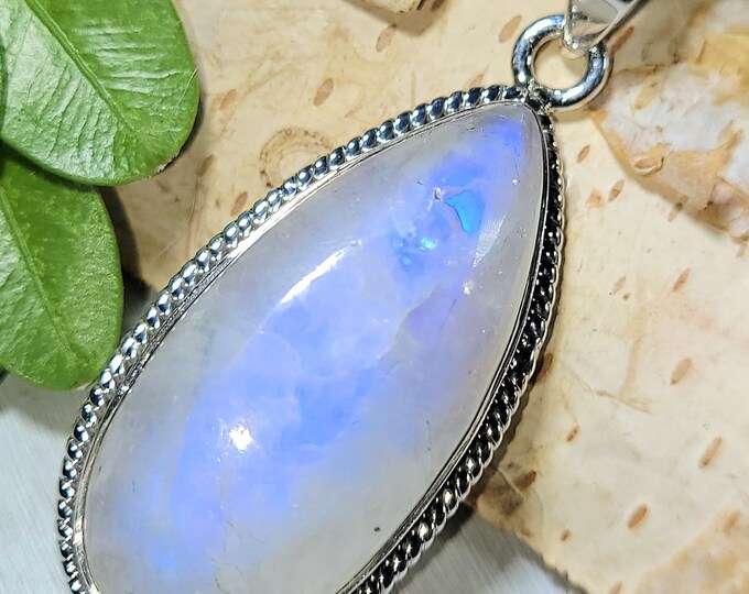 Natural Blue Flash Rainbow Moonstone .925 Sterling Silver Pendant 1 7/8" x 3/4" 8 Grams EX19