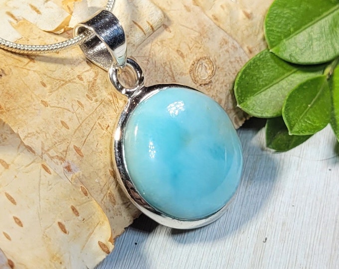 Natural AA Grade Dominican Larimar Round Handmade .925 Sterling Silver Pendant 1 1/4" x 7/8" 6 grams AC13