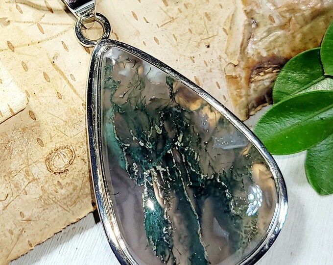 Natural Best Grade Green Moss Agate Pear Handmade .925 Sterling Silver Pendant 2" x 1 1/8" 14 Grams AP13