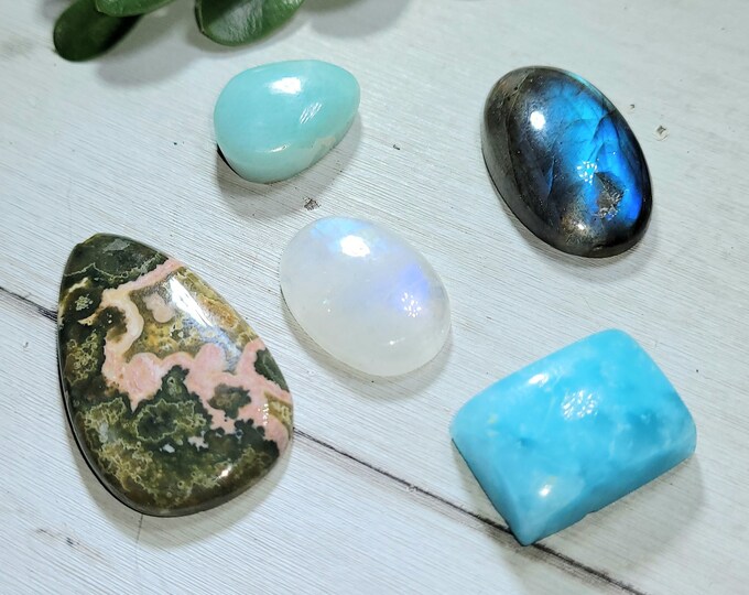 Natural Labradorite, Ocean Jasper, Moonstone, Hemimorphite & Larimar 110ct Cabochons Mixed Lot 5 Stone Wire Wrap, Weaving ML06