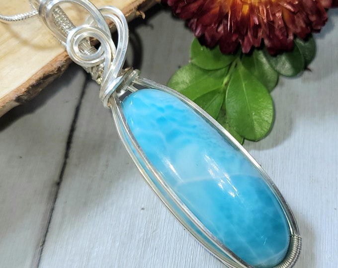 Natural Top Grade Dominican Larimar wire wrapped .925 Silver Pendant, Sterling Silver Wire Wrapped pendants, Handmade Stone Jewelry CV08