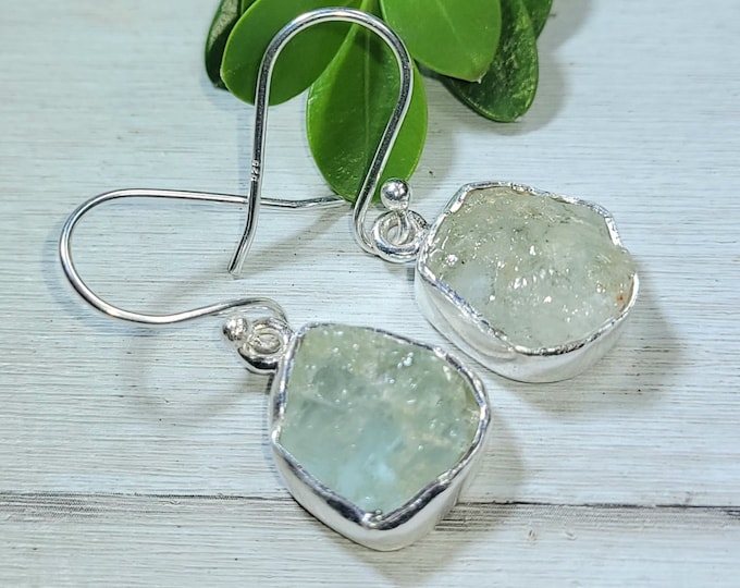 Natural Raw Rough Cut Aquamarine Handmade .925 Sterling Silver Dangle Earrings 4 Grams 1 1/4" x 1/2" CE27