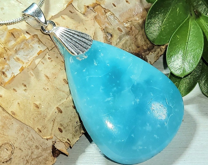 Natural AAA Rare Hemimorphite Pear Cabochon .925 Sterling Silver Pendant 1 7/8" x 7/8" 9 Grams 40ct AE25 Sterling Silver Designer Bail