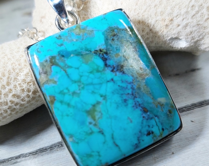 Turquoise Pendant, Sterling Silver Turquoise Pendant, Kingman Arizona Turquoise Boho Pendant, Statement Pendant GH11