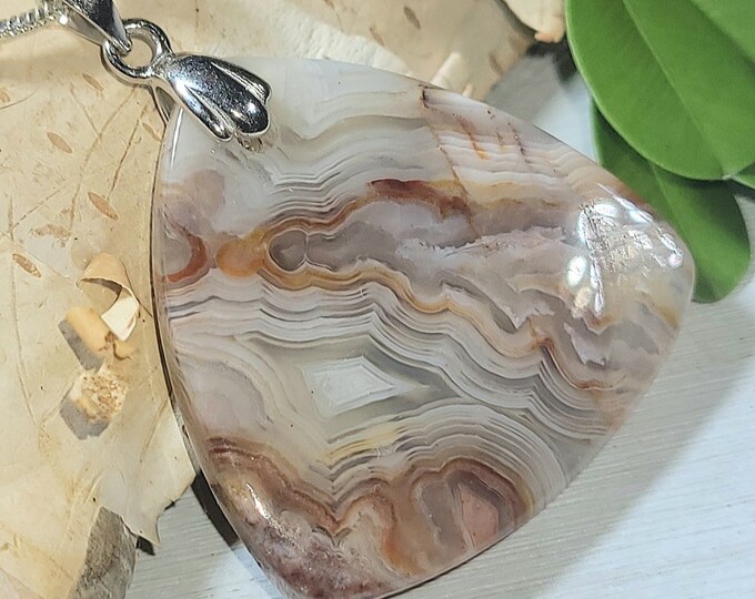 Natural Crazy Lace Agate Cabochon .925 Sterling Silver Pendant 1 1/2" x 1 1/8" EV09 Sterling Silver Rhodium Plated Bail