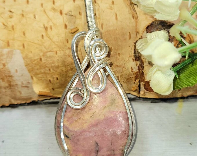 Natural Top Grade Rhodonite Jasper Hand Wrapped .925 Sterling Silver Pendant 2 1/4" x  1" DB35 Handmade Wrapped Solid Sterling Silver