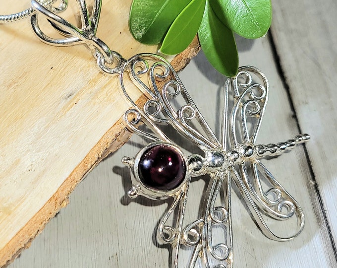 Natural Dragonfly Rhodolite Garnet .925 Sterling Silver Pendant 5 Grams 2" x 1 1/2" EL22