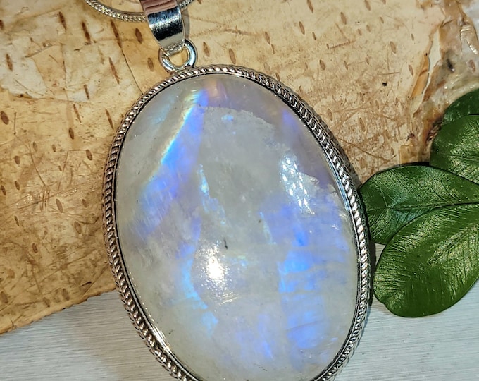 Natural Premium Huge Grade Multi Full Flash Oval Rainbow Moonstone .925 Sterling Silver Pendant Measures 2 1/8" x 1 1/4" 22 Grams CG20