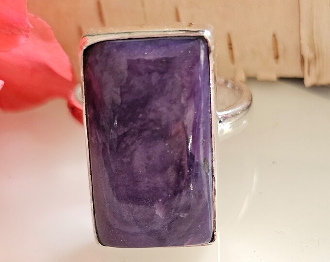 Charoite Ring, Charoite Sterling Silver Ring Size 9, Rectangle Charoite Ring, Statement Charoite Ring, Handmade Ring, Gift for her HF