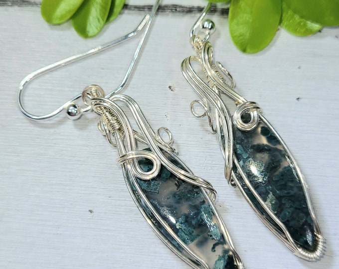 Moss Agate Earrings, Moss Agate Wire Wrapped Earrings, Sterling Silver Wire Wrapped Earrings, Green Moss Agate Wire Wrap Earrings FA08