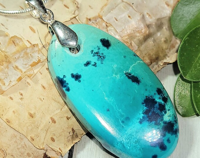 Natural Rare Shattuckite Oval Cabochon .925 Sterling Silver Pendant 2" x 7/8" EA24 Sterling Silver Bail