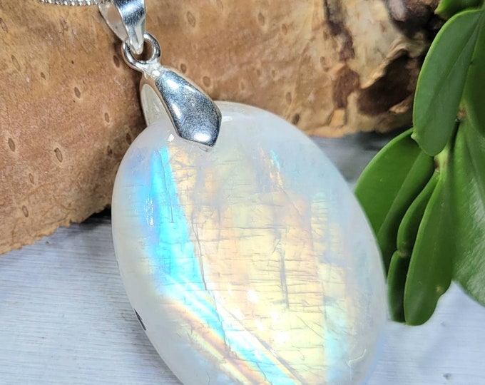 Moonstone Pendant, Multi Flash Moonstone Oval Cabochon Sterling Silver Pendant, Gift for Her, Handmade Pendant, FJ22