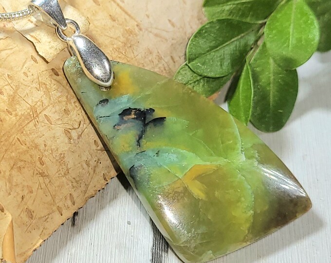 Natural High Grade Multi Color Opalized Wood Cabochon Freeform .925 Sterling Silver Pendant 2" x 3/4" AR32 Custom Fit Sterling Silver Bail