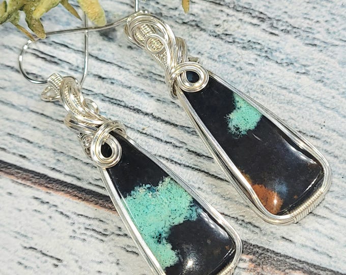 Blue Opalized Petrified Wood Earrings: Opalized Designer Sterling Silver Wire Wrapped Pendant, JG33