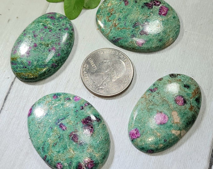 Natural Choice Ruby Fuchsite Oval Cabochons 220ct 4 Stone Lot Wire Wrapping, Weaving, Pendant or Ring Mixed Sizes CK36 Gift Her or Him