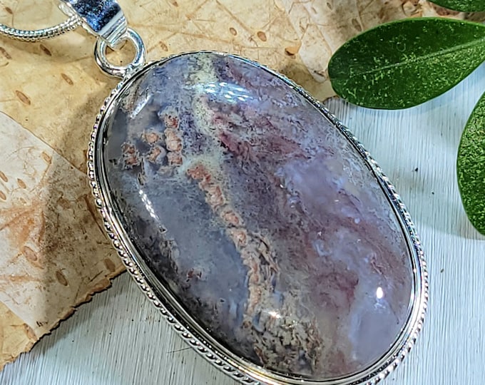 Natural High Grade Rare Purple Moss Agate Oval Handmade .925 Sterling Silver Pendant 2 1/8" x 1 1/8" 14 Grams CS05 Gift for Her