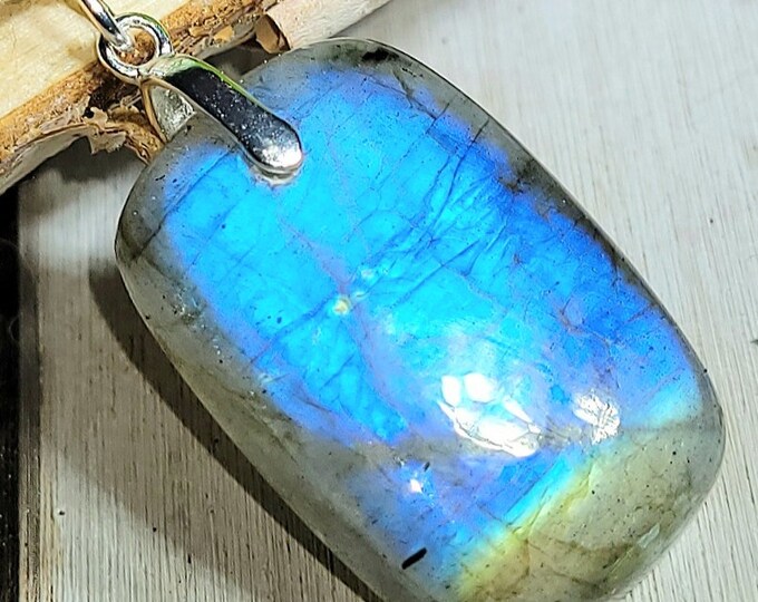 Natural Top Grade Blue Flash Labradorite Rectangle Cabochon  .925 Sterling Silver Pendant 1 1/2" x 11/16" EG33