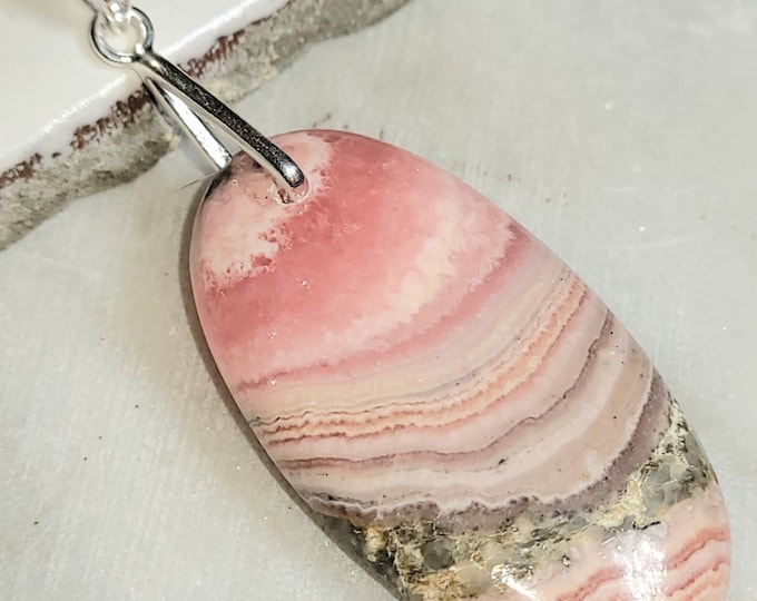 Natural High Grade Rhodochrosite Oval Cabochon  .925 Sterling Silver Pendant 2 1/4" x 7/8" ED25 Sterling Silver Heavy Duty Bail