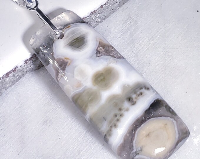 Natural Ocean Jasper Rectangle Cabochon .925 Sterling Silver Pendant 2 1/2" x 3/4" EA2(06) Sterling Silver Heavy Duty Bail