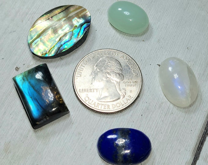 Natural Labradorite, Chrysoprase, Moonstone, Abalone & Lapis 75ct Cabochons Mixed Lot 5 Stone Wire Wrap, Weaving CJ21