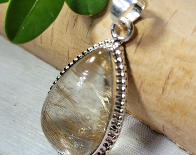 Natural High Grade Golden Needle Rutilated Quartz Handmade Pear .925 Sterling Silver Pendant 10 Grams 1 3/4" x 3/4" CO26 Gift for Her
