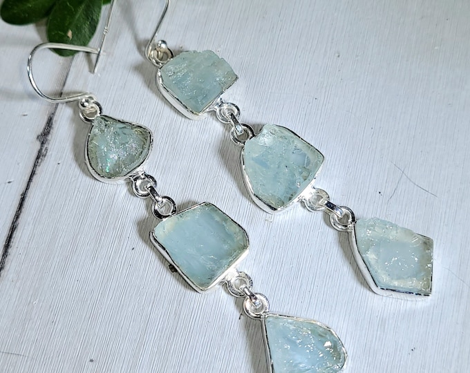 Natural Raw Rough Cut Aquamarine 3 Stone Handmade .925 Sterling Silver Dangle Earrings 11 Grams 2 7/8" x 1/2" CK13