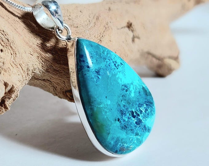 Handmade Chrysocolla Azurite Sterling Silver Statement Pendant 2 x 1, 10g, JV44
