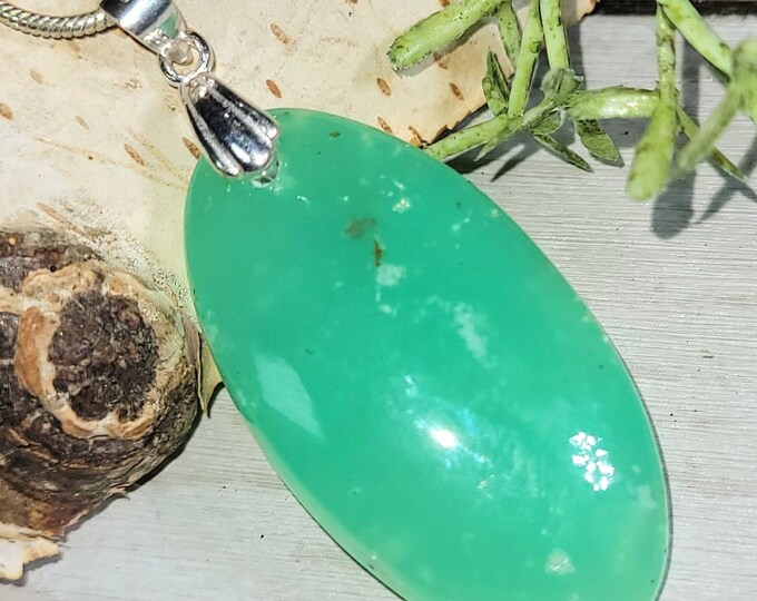 Natural AAA Chrysoprase Cabochon .925 Sterling Silver Pendant 1 3/4" x 3/4", Handmade Chrysoprase Pendant, Gift for Her, GE41