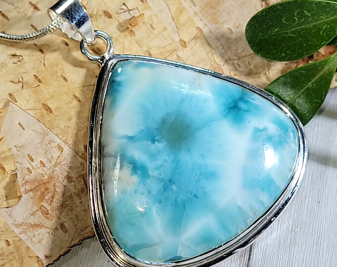 Natural Premium Dominican Larimar Handmade Pear .925 Sterling Silver Pendant 1 7/8" x 1 1/4" 16 grams CS04 Genuine Larimar Gift for Her