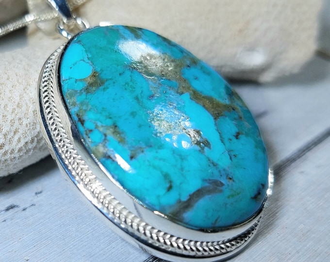 Turquoise Pendant, Sterling Silver Turquoise Pendant, Oval Kingman Arizona Turquoise Boho Pendant, Statement Pendant GH07