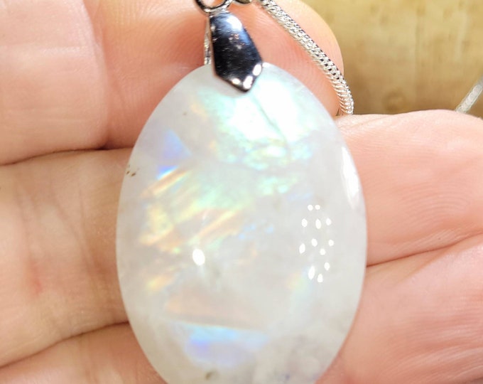 Moonstone Pendant, Multi Flash Moonstone Oval Cabochon Sterling Silver Pendant, Gift for Her, Handmade Pendant, FD30
