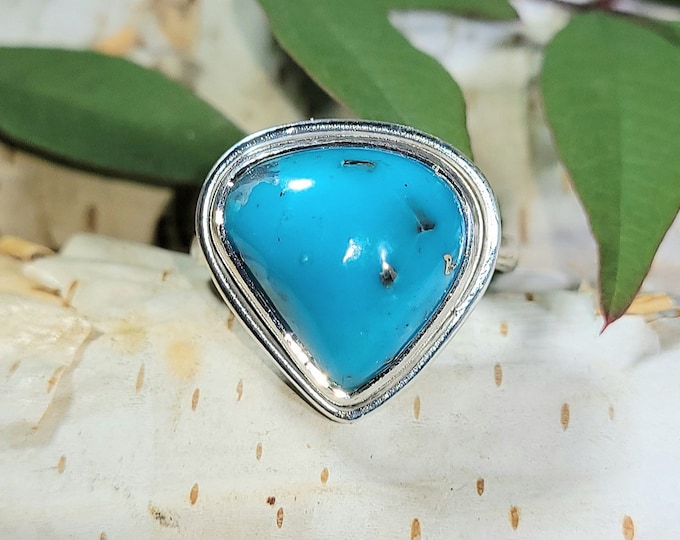 Natural High Grade Turquoise w/Pyrite .925 Sterling Silver Ring Size Adjustable 9.5-10.5 6 Grams 3/4" x 3/4" EF31