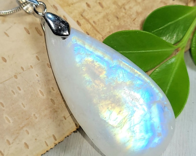 Natural AAAA Rainbow Moonstone Pear Cabochon 60Ct .925 Sterling Silver Pendant Heavy Duty Sterling Silver Bail 2 1/8 x 7/8 CJ18 Gift for Her