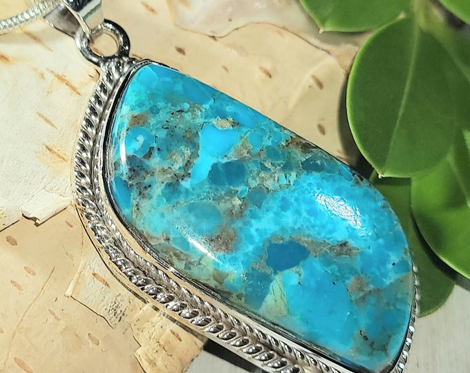 Natural Top Grade Arizona Kingman Turquoise Handmade .925 Sterling Silver Pendant 2" x 7/8" 11 grams ER03