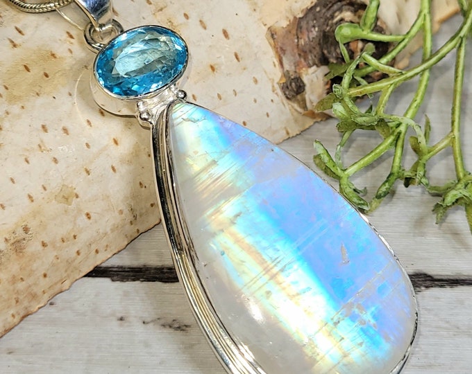 Moonstone Pendant, Topaz Pendant, Rainbow Moonstone Sterling Silver Pendant, AAAA Moonstone Pendant, Gift for Her, Statement Pendant, GJ38