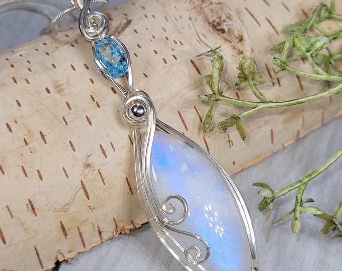 Moonstone & Topaz Pendant, Wire Wrapped Sterling Silver Moonstone, Topaz Pendant, Handmade Moonstone, Topaz Sterling Silver Pendant, HX16