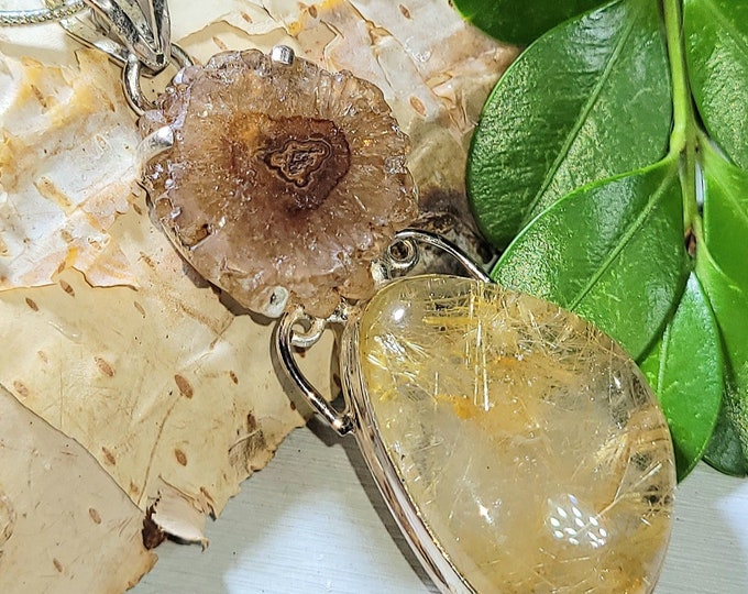 Natural AA Golden Needle Rutilated Quartz, Solar Quartz .925 Sterling Silver Pendant 11 Grams 2 1/4" x 13/16" L23