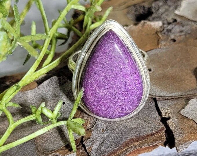 Natural Handmade Pear Stichtite .925 Sterling Silver Ring Size 7.5 CZ Genuine Stone