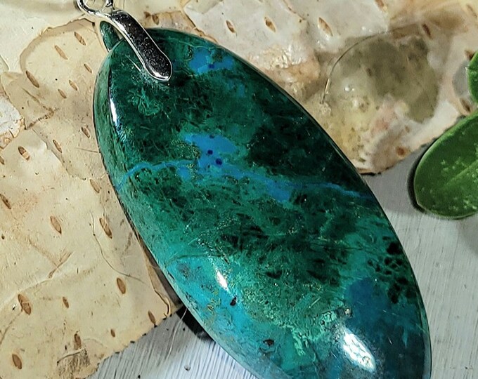 Natural AA Chrysocolla Oval Cabochon 40Ct .925 Sterling Silver Pendant 1 7/8" x 3/4" EZ25 Sterling Silver Bail